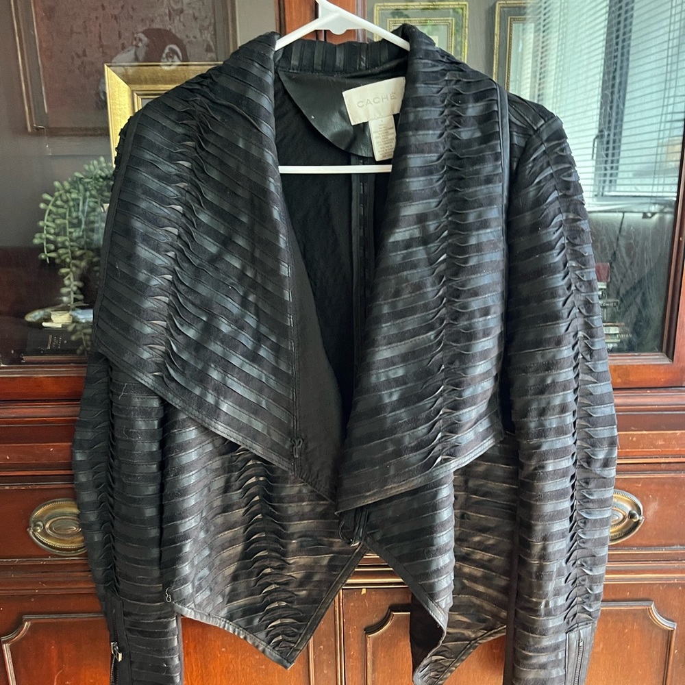 Cache Textured Leather Jacket - Draped Ruffles - image 2